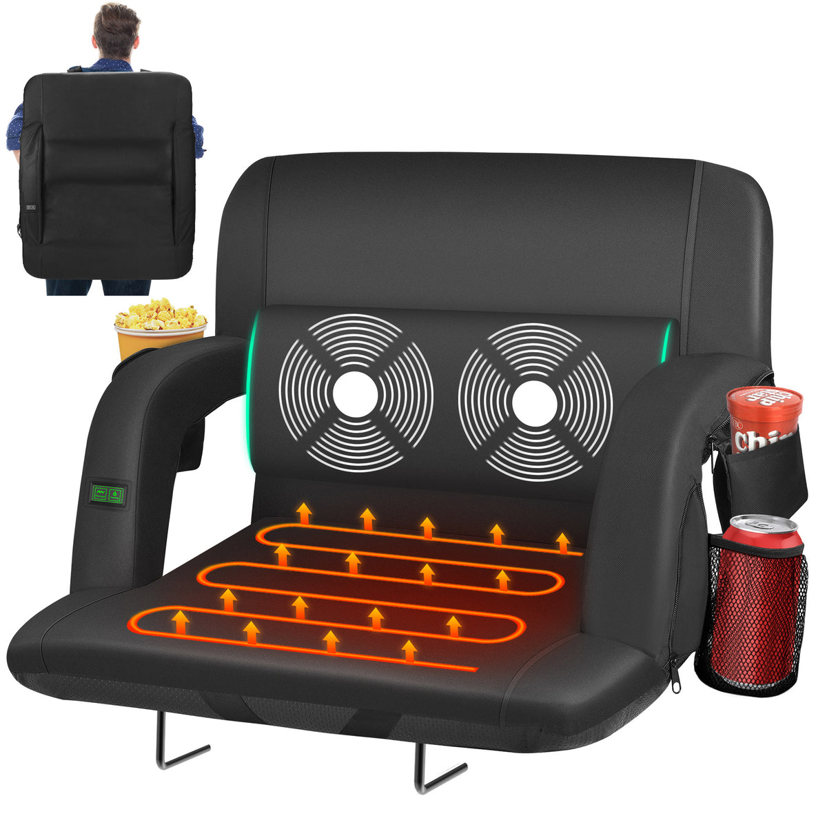 Oswerpon 21" Wide Heated Massage Stadium Seats for Bleachers with Back Support, Portable Stadium Chair with Armrest, for Outdoor（Without Battery)